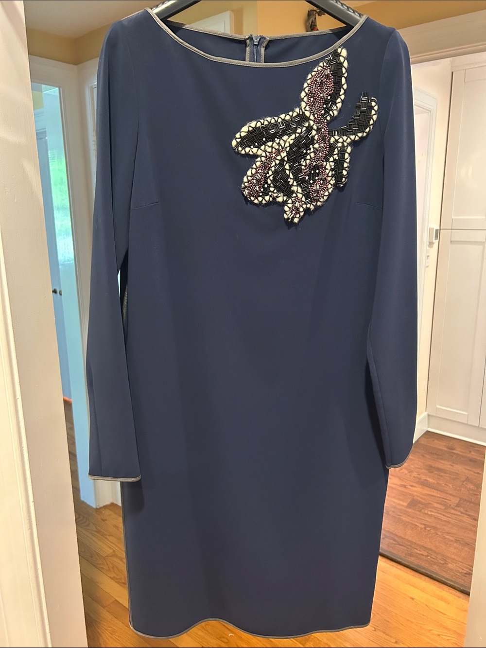 MaxMara Navy Long-Sleeve Shift Dress with Beaded Appliqué